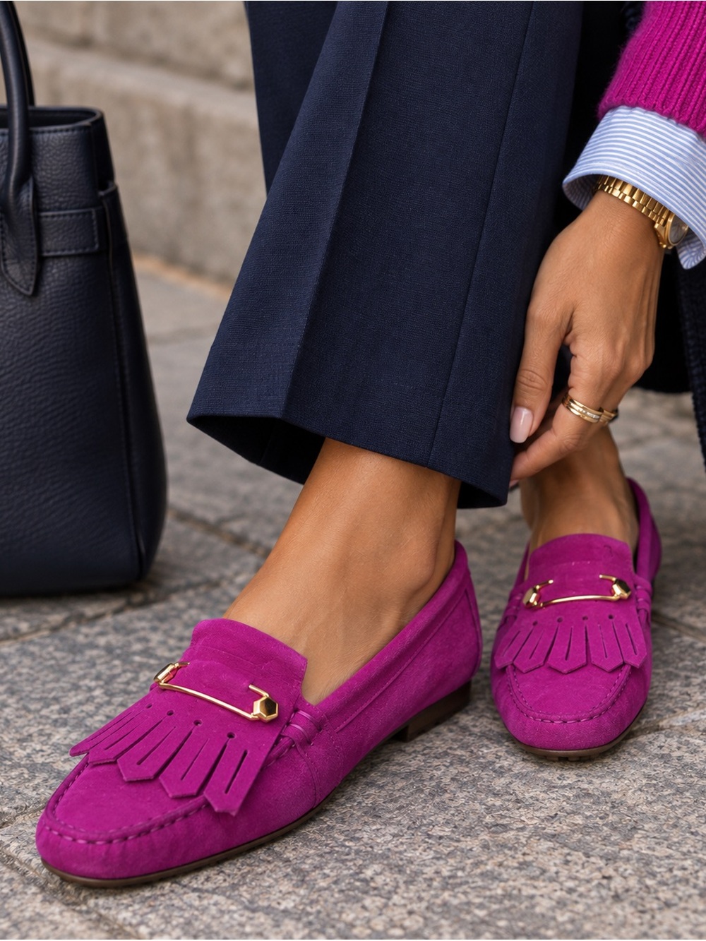 Tod's Fuchsia Suede Kiltie Loafers with Gold Bar
